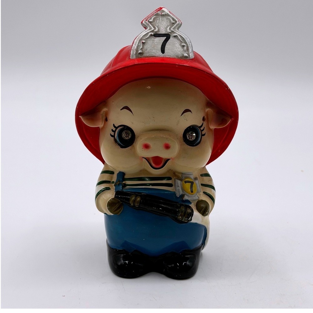 Vintage Ucagco Japan Firefighter Pig Ceramic Bank Rhinestone Eyes Red Helmet 7